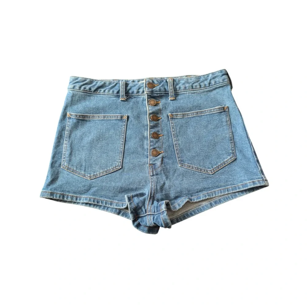 We The Free Blue Denim Button Fly High‎ Waist Patch Pocket Shorts 30 0593